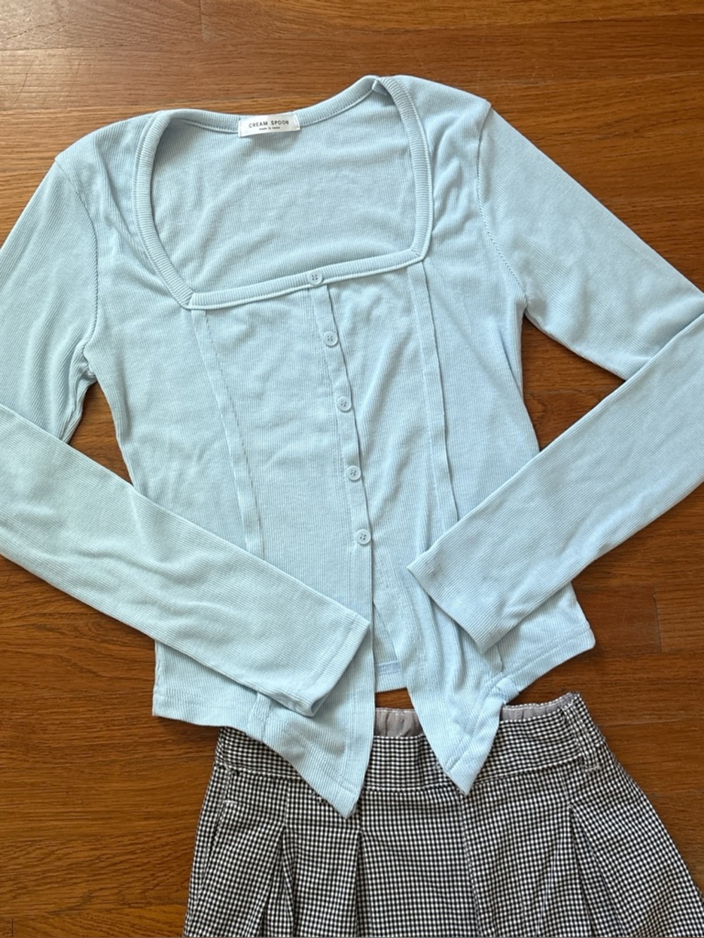 Light Blue Ribbed Long-Sleeve Button Front Top